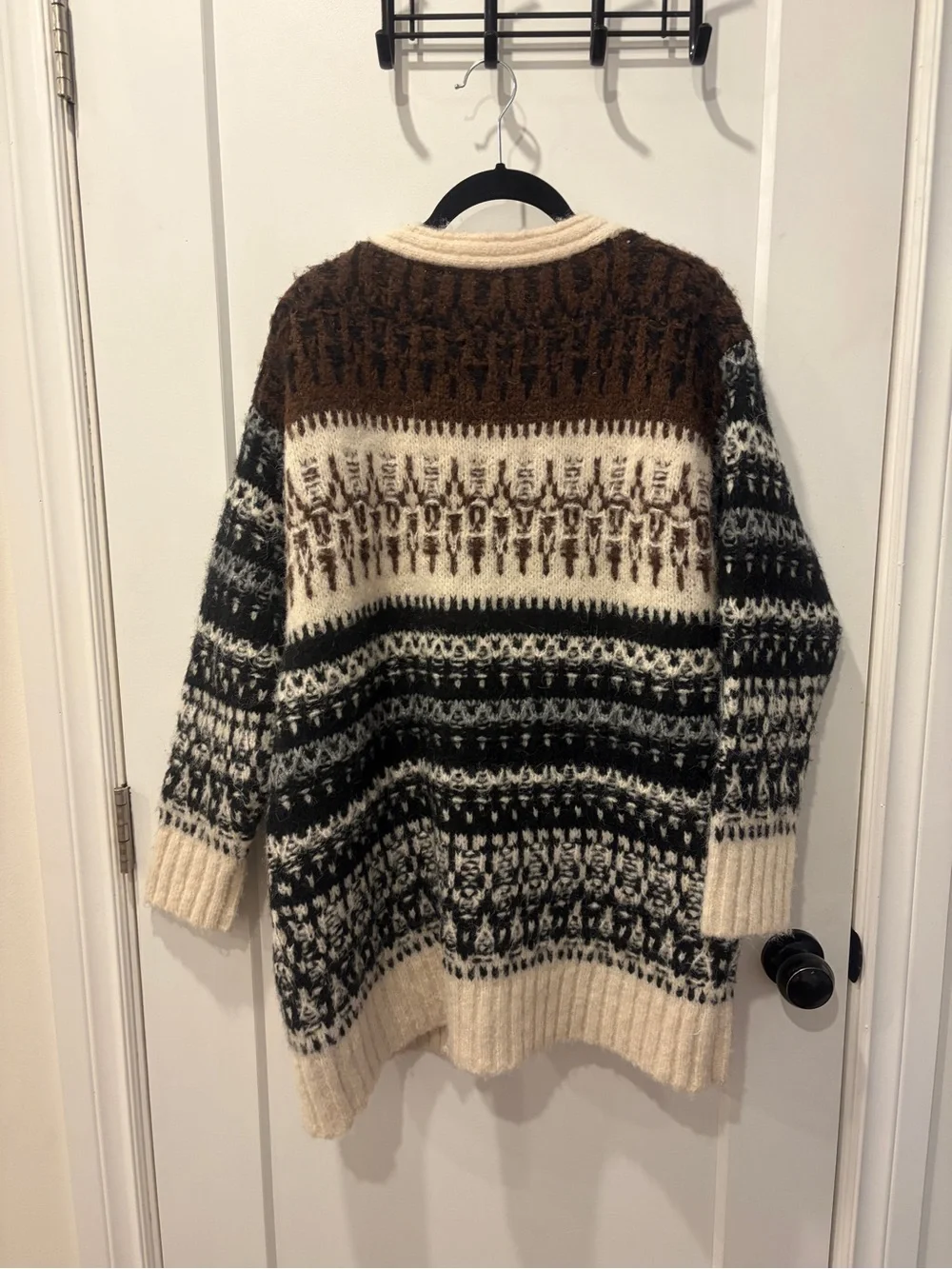 eesome Open-Front Fair Isle Cardigan in Cream, Brown, and Black - Picture 7 of 13